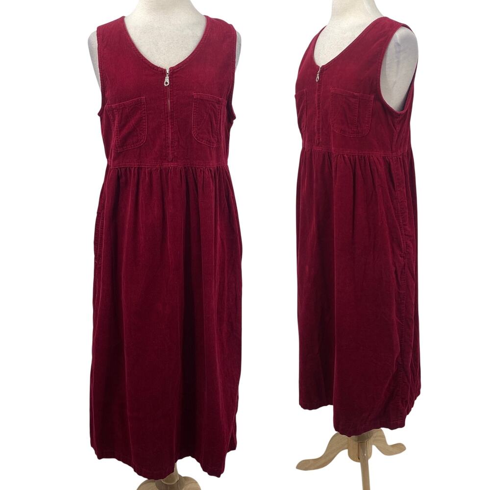 Vintage 90s Corduroy Zipper Front Cotton Maxi Dress Maroon Red Womens Large
